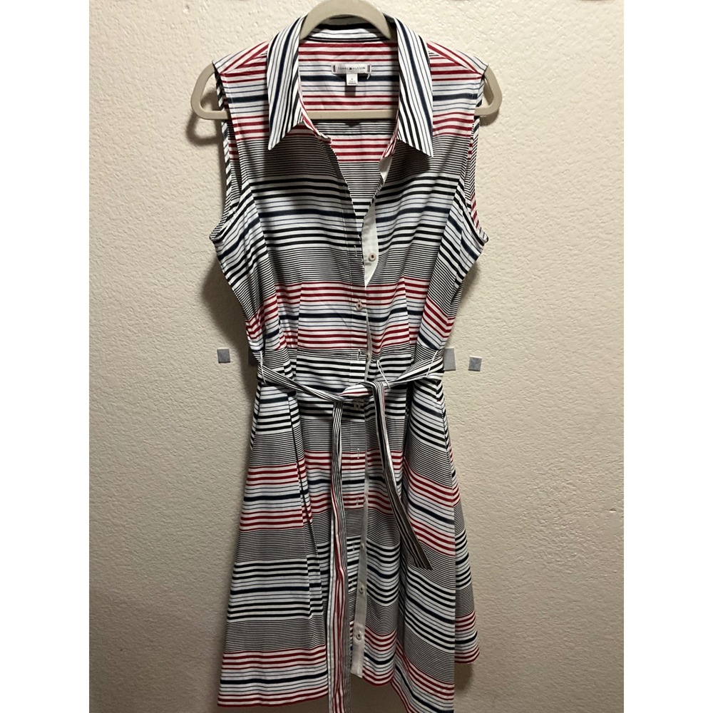 AS IS Tommy Hilfiger Women Striped Sleeveless Belted Shirt Dress DAMAGE size 14